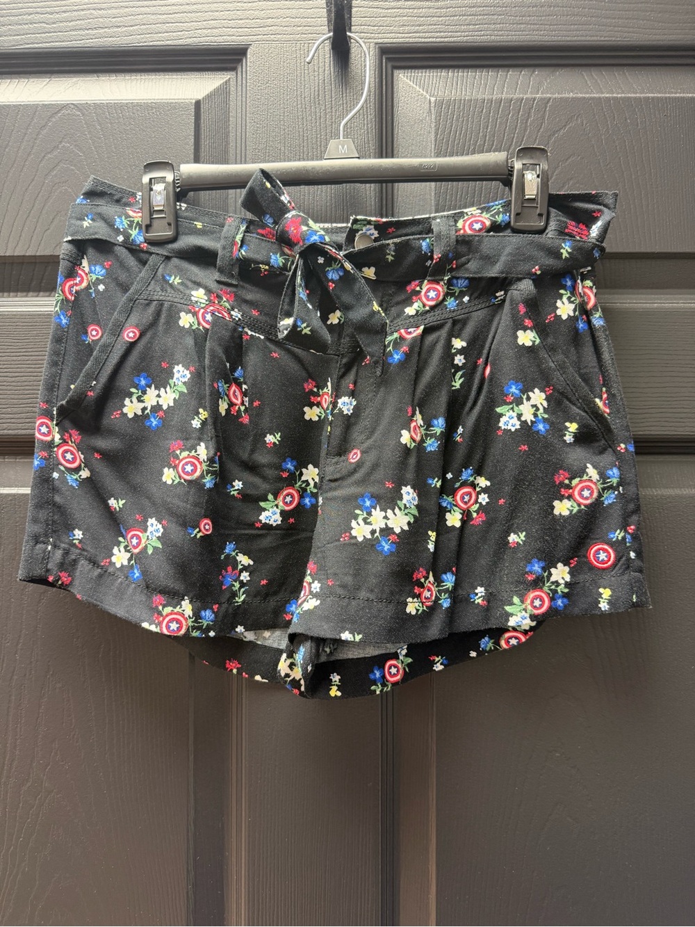 Marvel Black Floral Captain America Shield Paperbag Waist Shorts